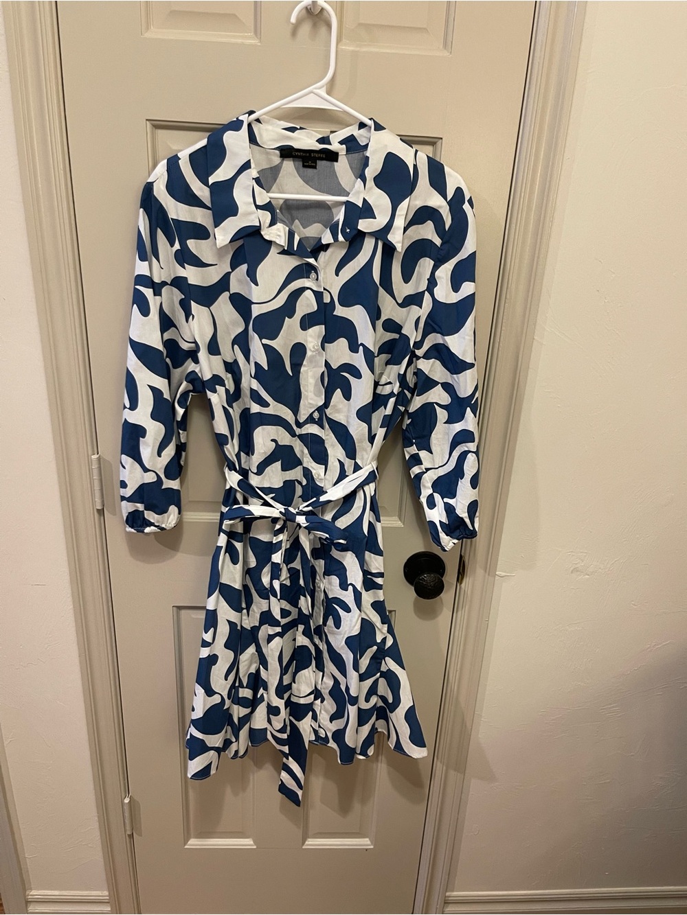 Cynthia Steffe Blue and White Abstract Midi Shirt Dress